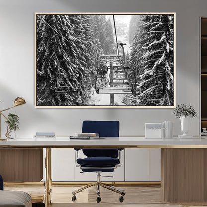 19240-MGV-FC-36X24_Natural-Ski Lift Wall Art – Black and White Winter Mountain Canvas Print, Snowy Forest Ski Resort Photography for Cabin, Lodge, Office or