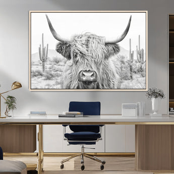 94579-MGV-FC-36X24_Natural-Highland Cow Wall Art – Black and White Longhorn Canvas Print, Rustic Western Farmhouse Animal Photography for Living Room,