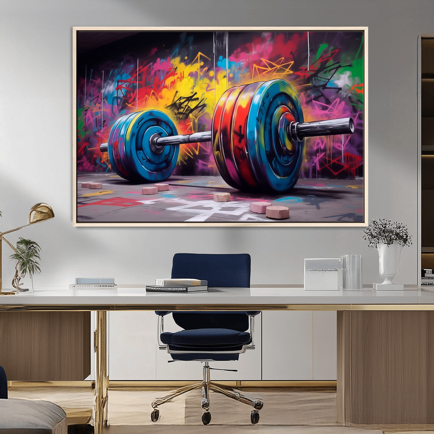 13549-MGV-CV-36X24-Graffiti Gym Wall Art Canvas Print, Framed Graffiti Barbell Art Picture Print, Weightlifting Perfect Fitness Studio Decor Artwork