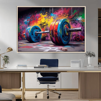 13549-MGV-CV-36X24-Graffiti Gym Wall Art Canvas Print, Framed Graffiti Barbell Art Picture Print, Weightlifting Perfect Fitness Studio Decor Artwork