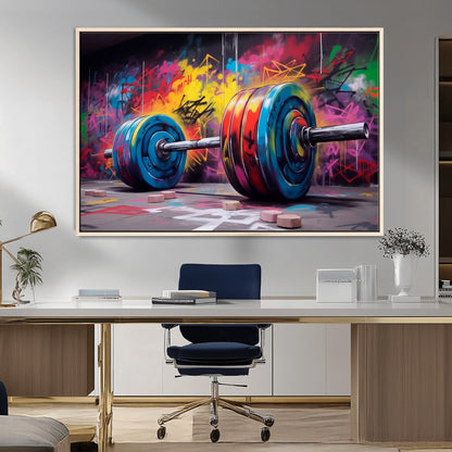 13549-MGV-CV-36X24-Graffiti Gym Wall Art Canvas Print, Framed Graffiti Barbell Art Picture Print, Weightlifting Perfect Fitness Studio Decor Artwork