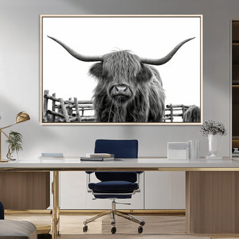 58188-MGV-FC-36X24_Natural-Highland Cow Wall Art – Black and White Rustic Farmhouse Canvas Print, Longhorn Cattle Photography Decor for Living Room or
