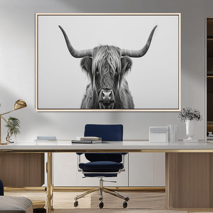 35820-MGV-FC-36X24_Natural-Minimalist Highland Cow Wall Art – Black and White Longhorn Cattle Canvas Print, Modern Farmhouse Animal Photography Decor for