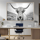 80564-MGV-CV-36X24-Highland Cow Wall Art – Black and White Scottish Highland Canvas Print, Rustic Farmhouse Decor for Living Room, Bedroom or Office