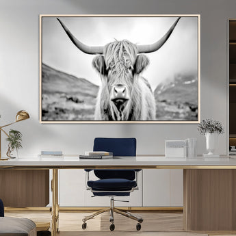 80564-MGV-CV-36X24-Highland Cow Wall Art – Black and White Scottish Highland Canvas Print, Rustic Farmhouse Decor for Living Room, Bedroom or Office