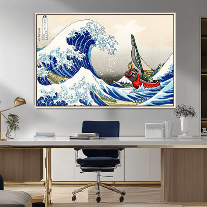 19450-MGV-FC-36X24_Natural-Great Wave Adventure Wall Art – Japanese Style Ocean Canvas Print, Fantasy Sailing Decor for Living Room, Bedroom or Office
