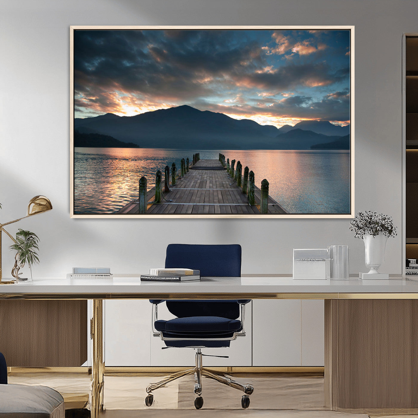 20442-MGV-CV-36X24-Lakeside Sunset Dock Wall Art – Peaceful Mountain Lake Canvas Print, Serene Nature Landscape Decor for Living Room, Bedroom or