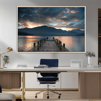 20442-MGV-CV-36X24-Lakeside Sunset Dock Wall Art – Peaceful Mountain Lake Canvas Print, Serene Nature Landscape Decor for Living Room, Bedroom or