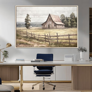 87489-MGV-CV-36X24-Rustic Barn Wall Art – Vintage Farmhouse Canvas Print with Wooden Fence, Country Landscape Decor for Living Room, Kitchen or
