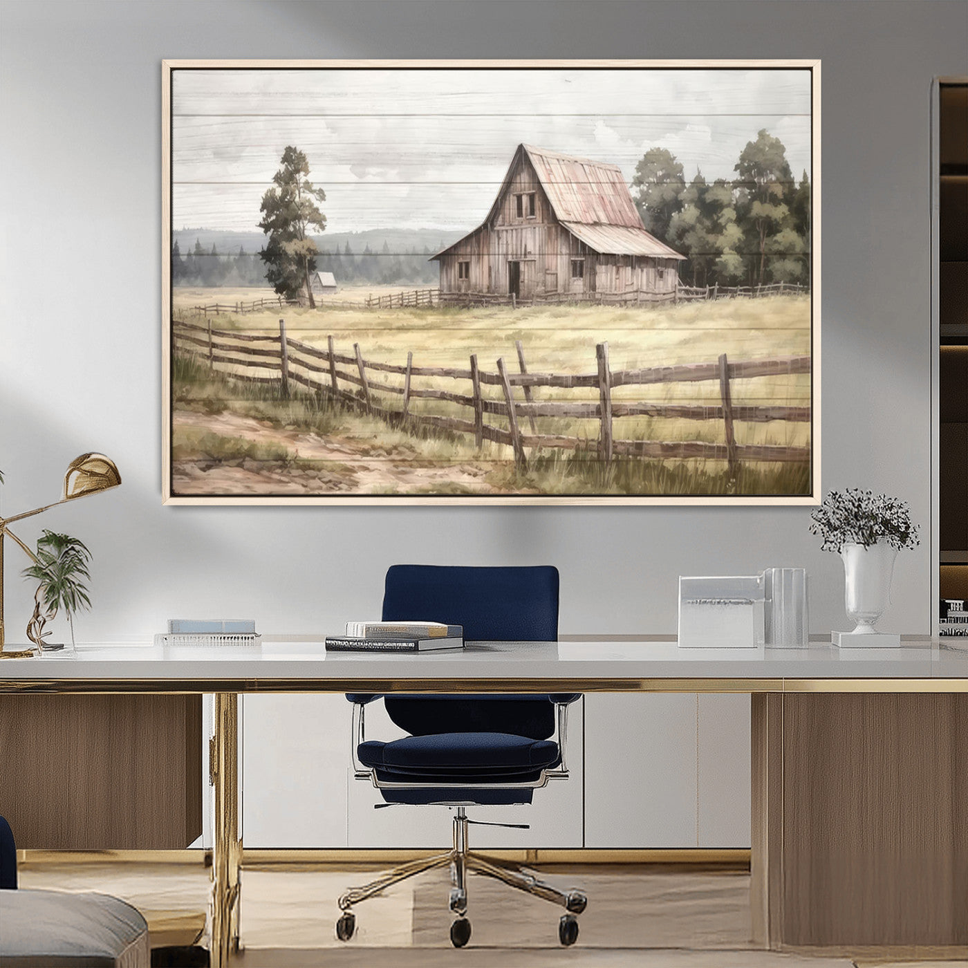 87489-MGV-CV-36X24-Rustic Barn Wall Art – Vintage Farmhouse Canvas Print with Wooden Fence, Country Landscape Decor for Living Room, Kitchen or