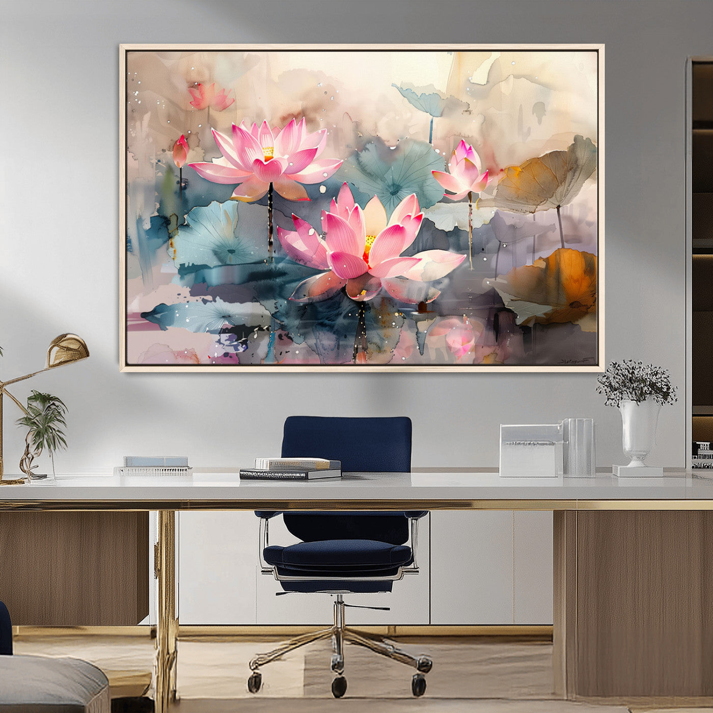 27936-MGV-CV-36X24-Lotus Pond Wall Art – Watercolor Pink Lotus Flowers Canvas Print, Tranquil Botanical Artwork for Bedroom, Living Room or