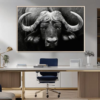 75273-MGV-CV-36X24-Buffalo Wall Art – Black and White African Buffalo Canvas Print, Rustic Wildlife Animal Artwork for Farmhouse, Living Room,