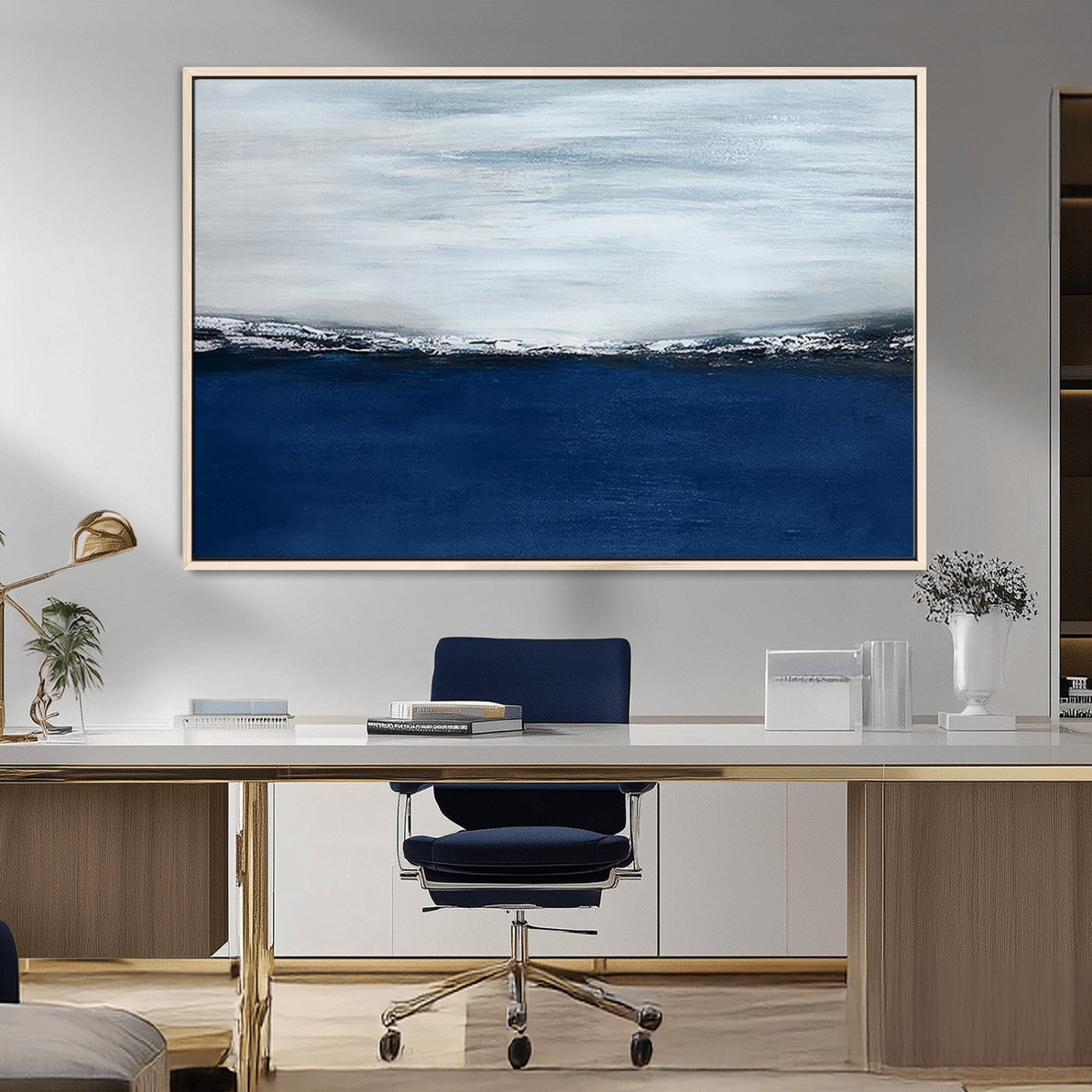 62197-MGV-CV-36X24-Abstract Ocean Wall Art – Minimalist Blue and White Canvas Print, Modern Coastal Seascape Painting for Bedroom, Living Room or