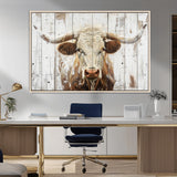 71551-MGV-CV-36X24-Longhorn Bull Wall Art – Rustic Western Cow Canvas Print, Farmhouse Animal Painting with Wood Plank Style for Living Room, Office