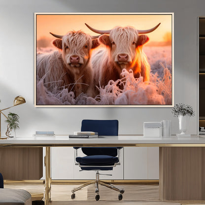 68253-MGV-CV-36X24-Highland Cow Wall Art – Rustic Farmhouse Cattle Canvas Print, Frosty Sunset Animal Artwork for Living Room, Bedroom or Country