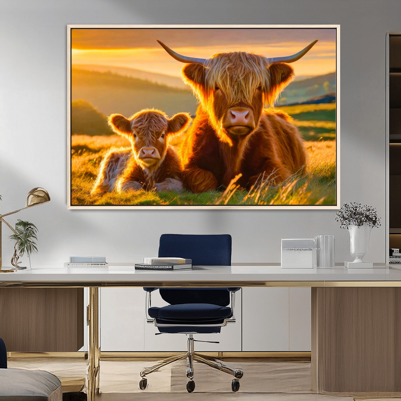 20567-MGV-FC-36X24_Natural-Highland Cow and Calf Wall Art – Rustic Farmhouse Sunset Cattle Canvas Print, Country Animal Artwork for Living Room, Bedroom, or
