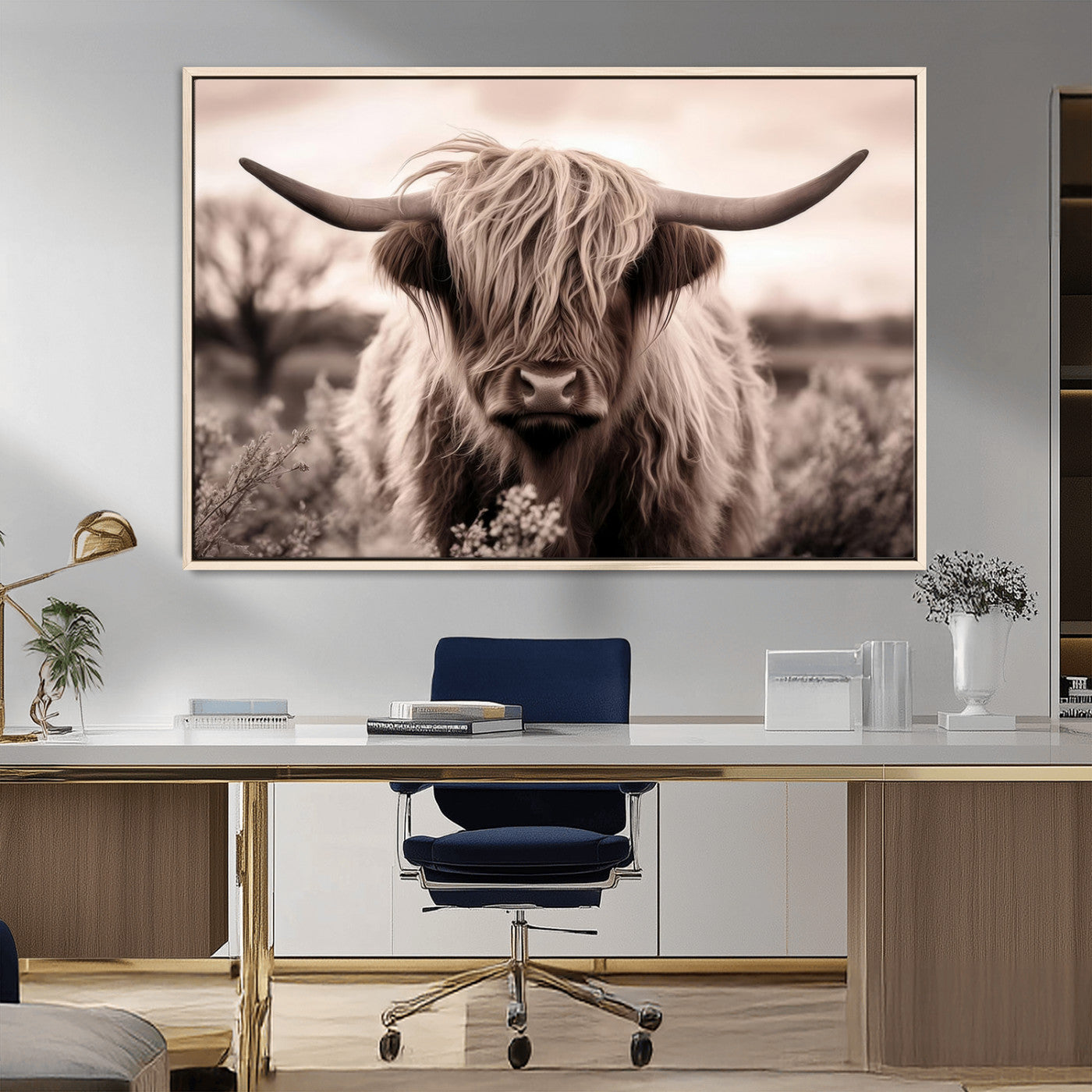 55903-MGV-FC-36X24_Natural-Highland Cow Wall Art – Rustic Sepia Scottish Highland Bull Canvas Print, Farmhouse Country Animal Decor for Living Room, Bedroom