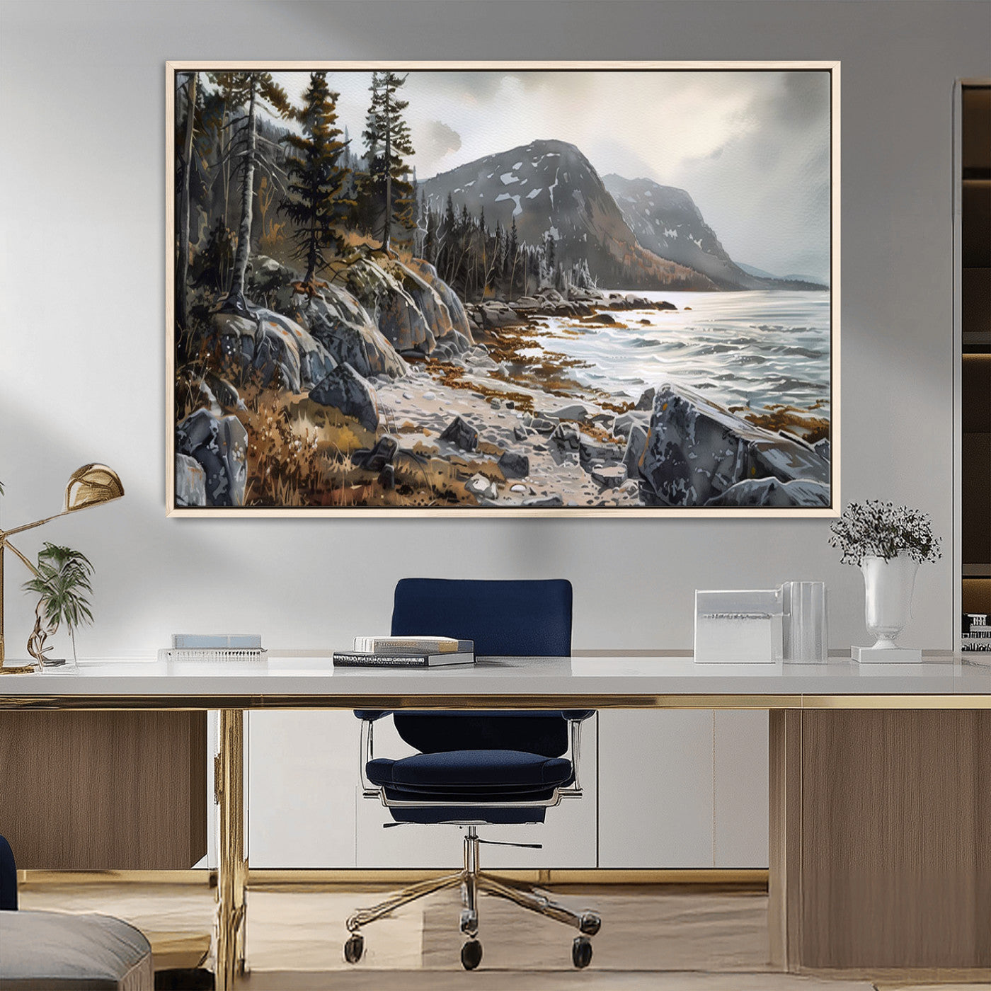 41281-MGV-CV-36X24-Rocky Shoreline Wall Art – Panoramic Mountain Coast and Forest Canvas Print, Rustic Nature Landscape Decor for Cabin, Lodge, or