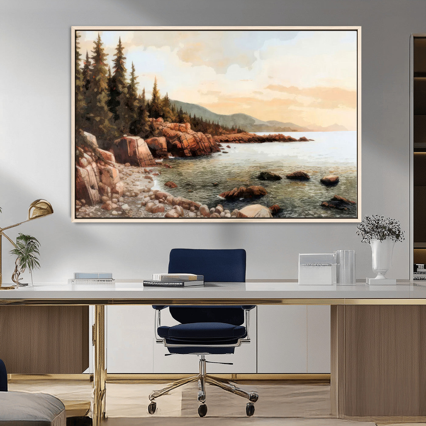 77145-MGV-CV-36X24-Coastal Landscape Wall Art – Panoramic Rocky Shoreline and Pine Trees Canvas Print, Rustic Nature Decor for Cabin, Lodge, Office,