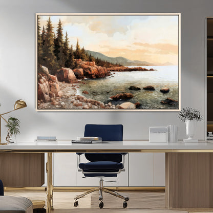 77145-MGV-CV-36X24-Coastal Landscape Wall Art – Panoramic Rocky Shoreline and Pine Trees Canvas Print, Rustic Nature Decor for Cabin, Lodge, Office,