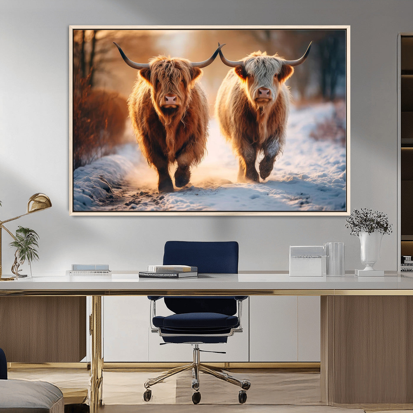 50490-MGV-CV-36X24-Highland Cow Wall Art – Rustic Panoramic Canvas Print Two Cattle Snowy Landscape, Farmhouse Country Decor for Living Room Office