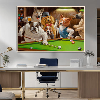 34228-MGV-FC-36X24_Natural-Dogs Playing Pool Wall Art Canvas Print, Framed Funny Dog Art Picture Print, Dog Perfect Game Room Decor Artwork