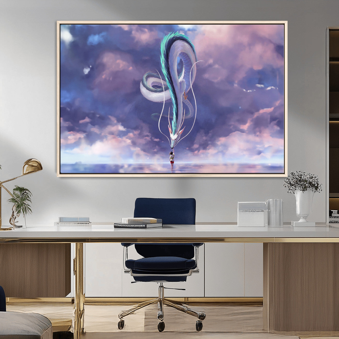 66864-MGV-CV-36X24-Fantasy Dragon Wall Art – Mystical Canvas Print Girl and Sky Serpent Dreamlike Clouds, Magical Anime Inspired Decor for Living