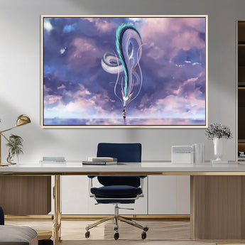 66864-MGV-CV-36X24-Fantasy Dragon Wall Art – Mystical Canvas Print Girl and Sky Serpent Dreamlike Clouds, Magical Anime Inspired Decor for Living