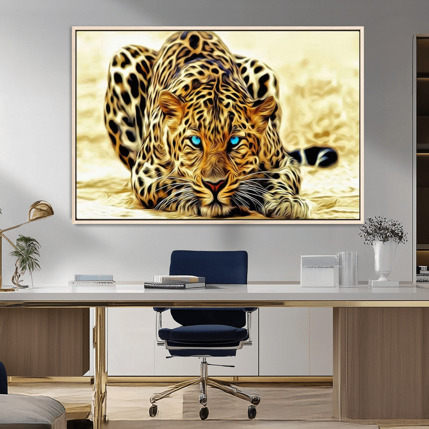 45281-MGV-CV-36X24-Blue Eye Leopard Wall Art Canvas Print, Framed Leopard Painting Art Picture Print, Big Cat Perfect Safari Wildlife Decor Artwork