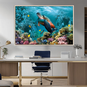 38661-MGV-FC-36X24_Natural-Sea Turtle Wall Art Canvas Print, Framed Ocean Wildlife Art Picture Print, Turtle Perfect Coastal Nature Decor Artwork