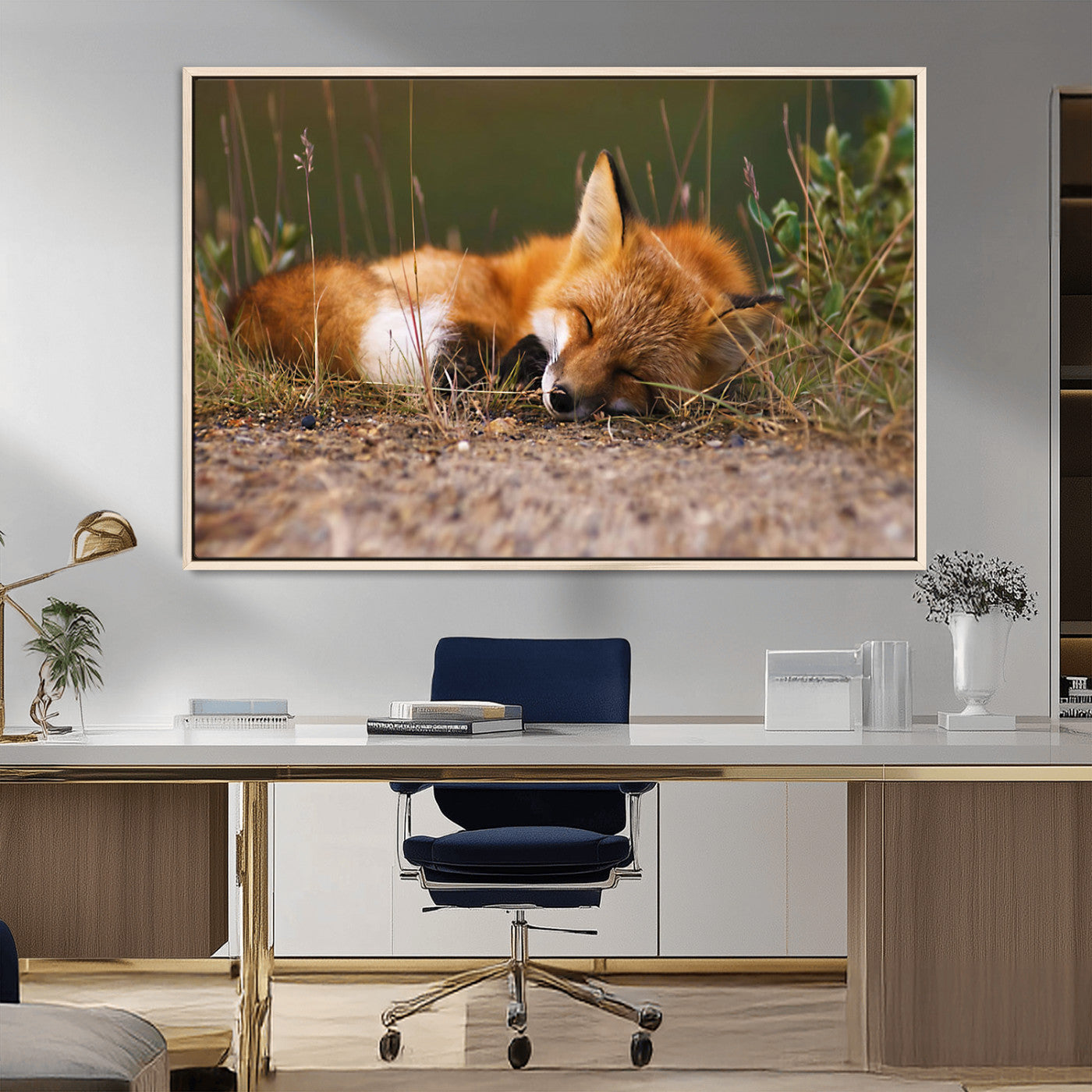 25085-MGV-CV-36X24-Sleeping Fox Wall Art Canvas Print, Framed Rustic Fox Art Picture Print, Wildlife Animal Perfect Rustic Farmhouse Decor Artwork