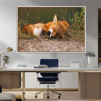25085-MGV-CV-36X24-Sleeping Fox Wall Art Canvas Print, Framed Rustic Fox Art Picture Print, Wildlife Animal Perfect Rustic Farmhouse Decor Artwork