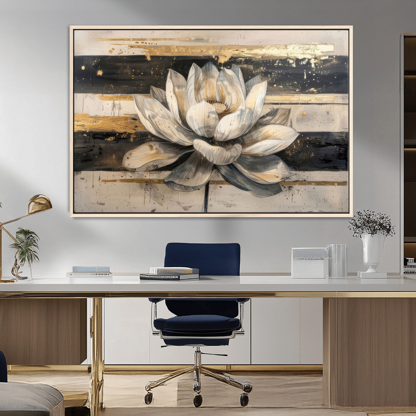 18807-MGV-FC-36X24_Natural-Lotus Flower Wall Art Canvas Print, Framed Abstract Lotus Art Picture Print, White Lotus Flower Perfect Abstract Floral Decor