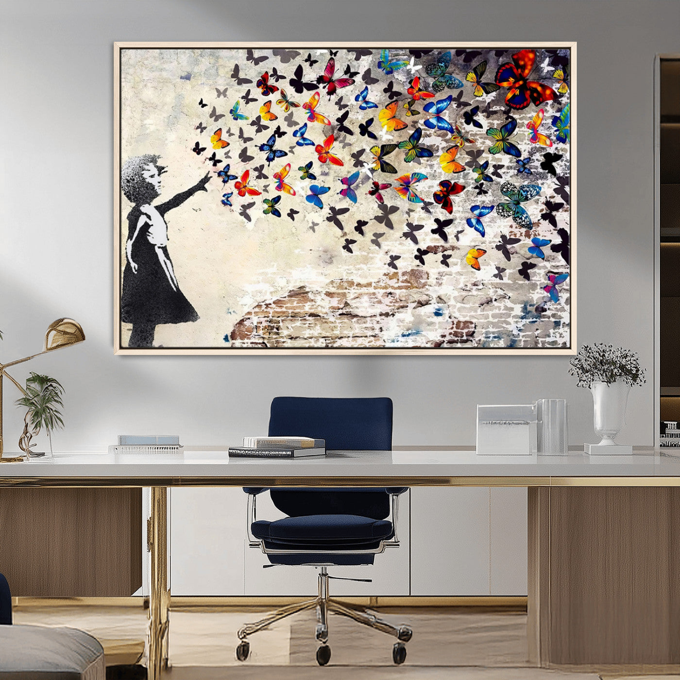 97895-MGV-CV-36X24-Girl with Butterflies Wall Art – Colorful Street Art Style Canvas Print, Modern Graffiti-Inspired Butterfly Artwork for Living