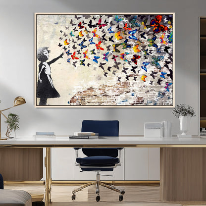 97895-MGV-CV-36X24-Girl with Butterflies Wall Art – Colorful Street Art Style Canvas Print, Modern Graffiti-Inspired Butterfly Artwork for Living