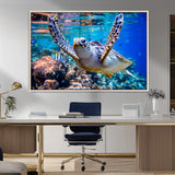 12683-MGV-FC-36X24_Natural-Sea Turtle Wall Art – Graceful Ocean Canvas Print with Coral Reef and Tropical Fish, Coastal Marine Life Decor for Beach House,