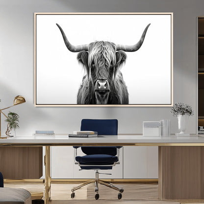 49556-MGV-FC-36X24_Natural-Highland Cow Wall Art – Black and White Scottish Highland Cattle Print, Rustic Farmhouse Minimalist Animal Portrait Canvas for