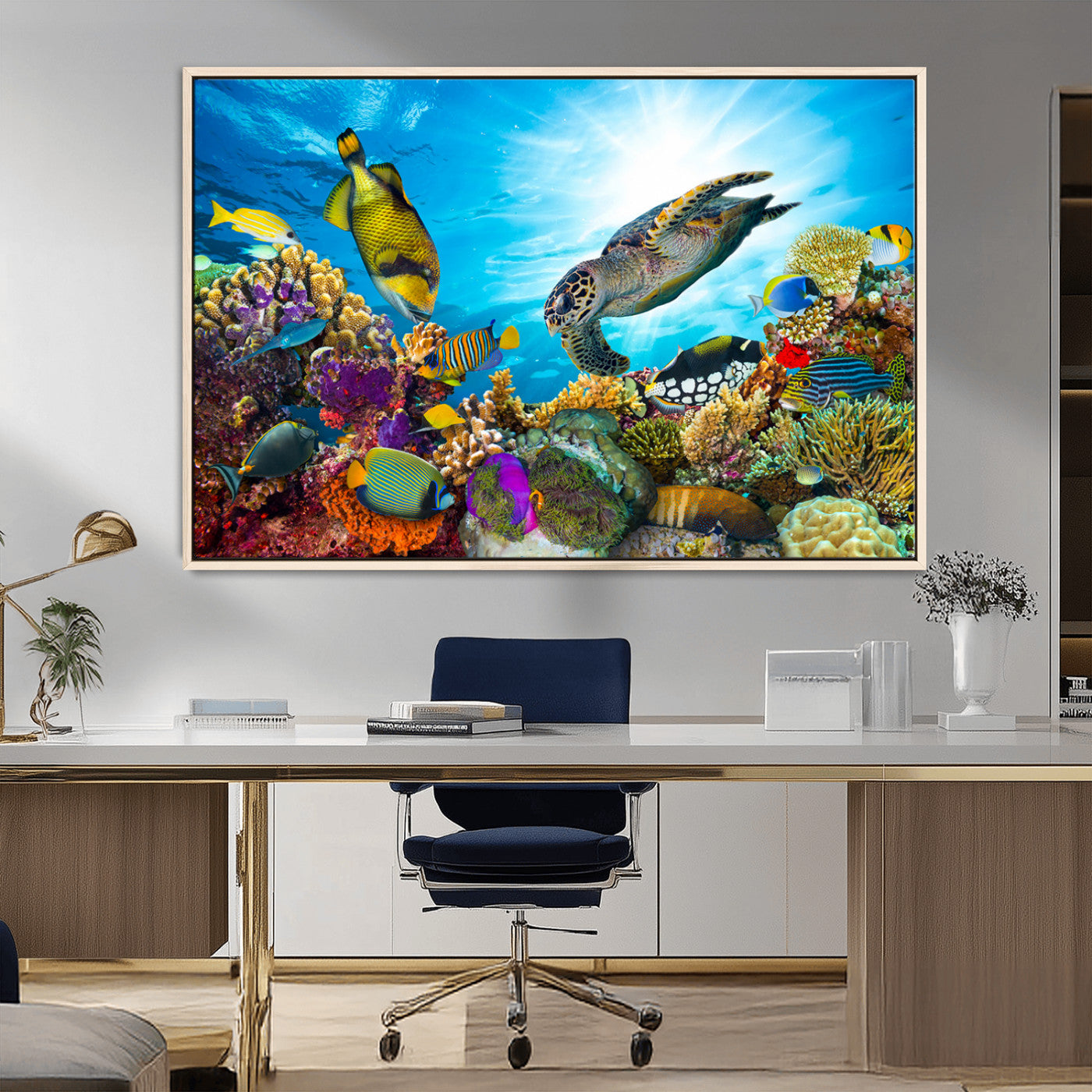 44772-MGV-FC-36X24_Natural-Underwater Sea Turtle Wall Art – Vibrant Coral Reef and Tropical Fish Canvas Print, Ocean Marine Life Decor for Living Room,
