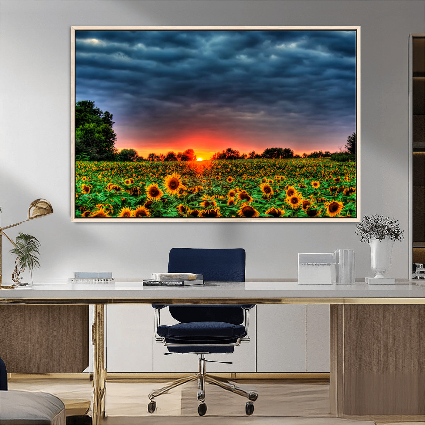 45045-MGV-FC-36X24_Natural-Sunflower Field Sunset Wall Art – Dramatic Stormy Sky Landscape Print, Vibrant Yellow Floral Nature Canvas for Living Room,