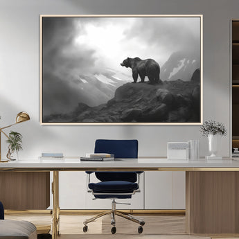 49504-MGV-FC-36X24_Natural-Black and White Grizzly Bear Wall Art – Wilderness Wildlife Painting, Rustic Mountain Cabin Decor, Monochrome Animal Print for