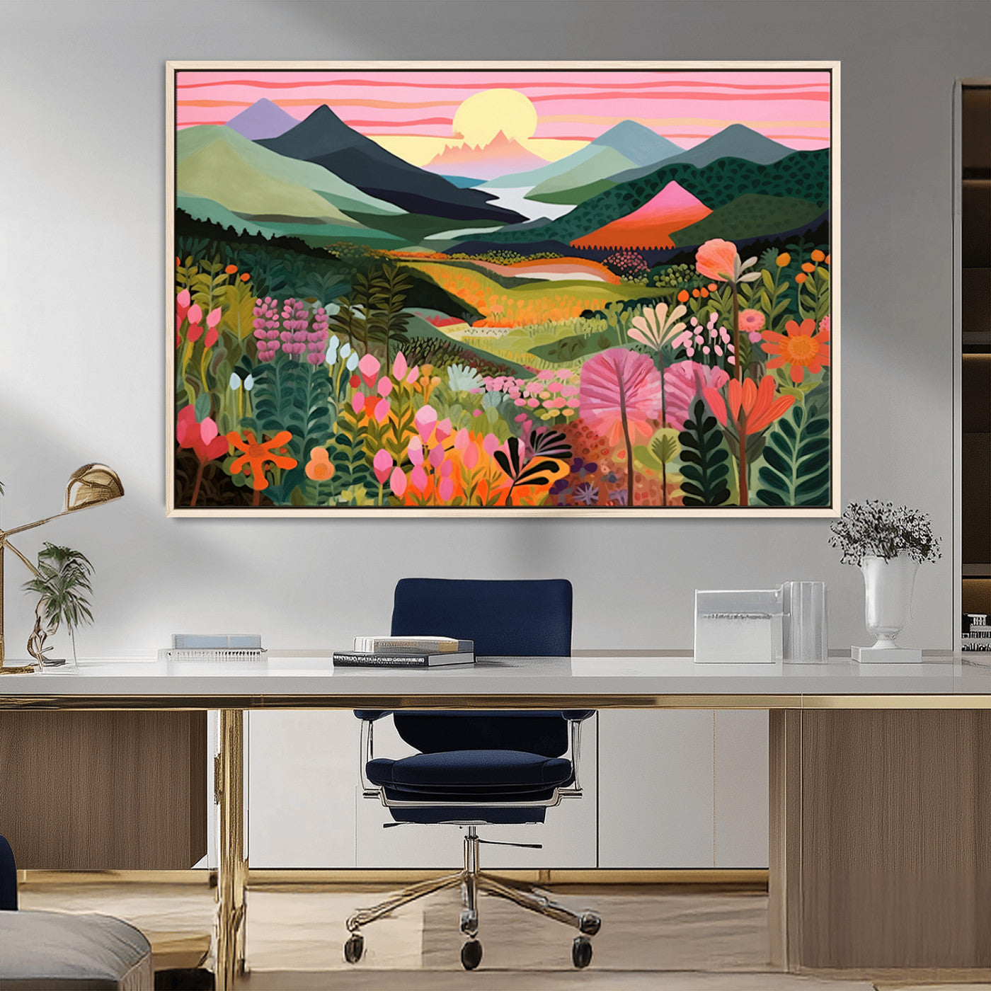 99638-MGV-CV-36X24-Sunset Meadow Wall Art – Panoramic Mountain Landscape with Wildflowers Canvas Print, Vibrant Nature Decor for Living Room, Bedroom