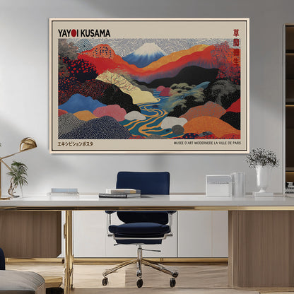 49228-MGV-FC-93X47-3P_Black-Kusama Wall Art – Vibrant Japanese Landscape Canvas Print, Modern Abstract Mountain and River Decor for Living Room, Office or Art