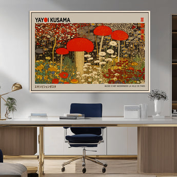 38013-MGV-CV-36X24-Yayoi Kusama Inspired Mushroom Garden Wall Art – Whimsical Botanical Canvas Print, Surreal Nature Poster, Fantasy Floral Artwork