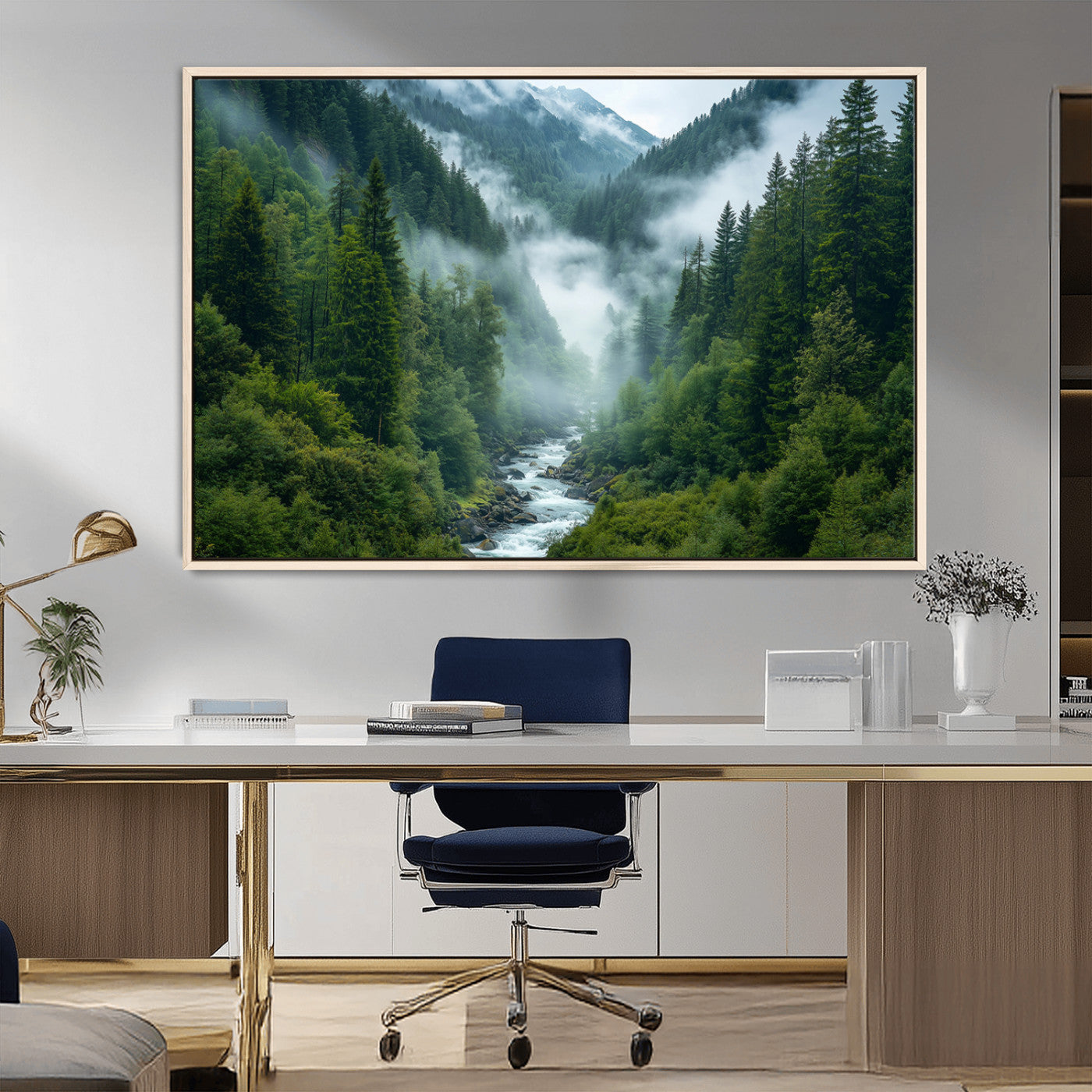 69453-MGV-FC-36X24_Natural-Mountain Forest Wall Art – Misty River and Evergreen Landscape Canvas Print, Nature Photography Poster for Living Room, Bedroom,