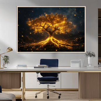 60194-MGV-FC-36X24_Natural-Glowing Tree Wall Art – Golden Roots Fantasy Canvas Print, Mystical Illuminated Tree Painting Poster for Living Room, Bedroom,