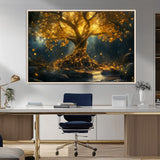 92739-MGV-FC-36X24_Natural-Glowing Tree Wall Art – Enchanted Golden Forest Canvas Print, Mystical Illuminated Nature Painting Poster for Living Room,