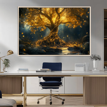 92739-MGV-FC-36X24_Natural-Glowing Tree Wall Art – Enchanted Golden Forest Canvas Print, Mystical Illuminated Nature Painting Poster for Living Room,