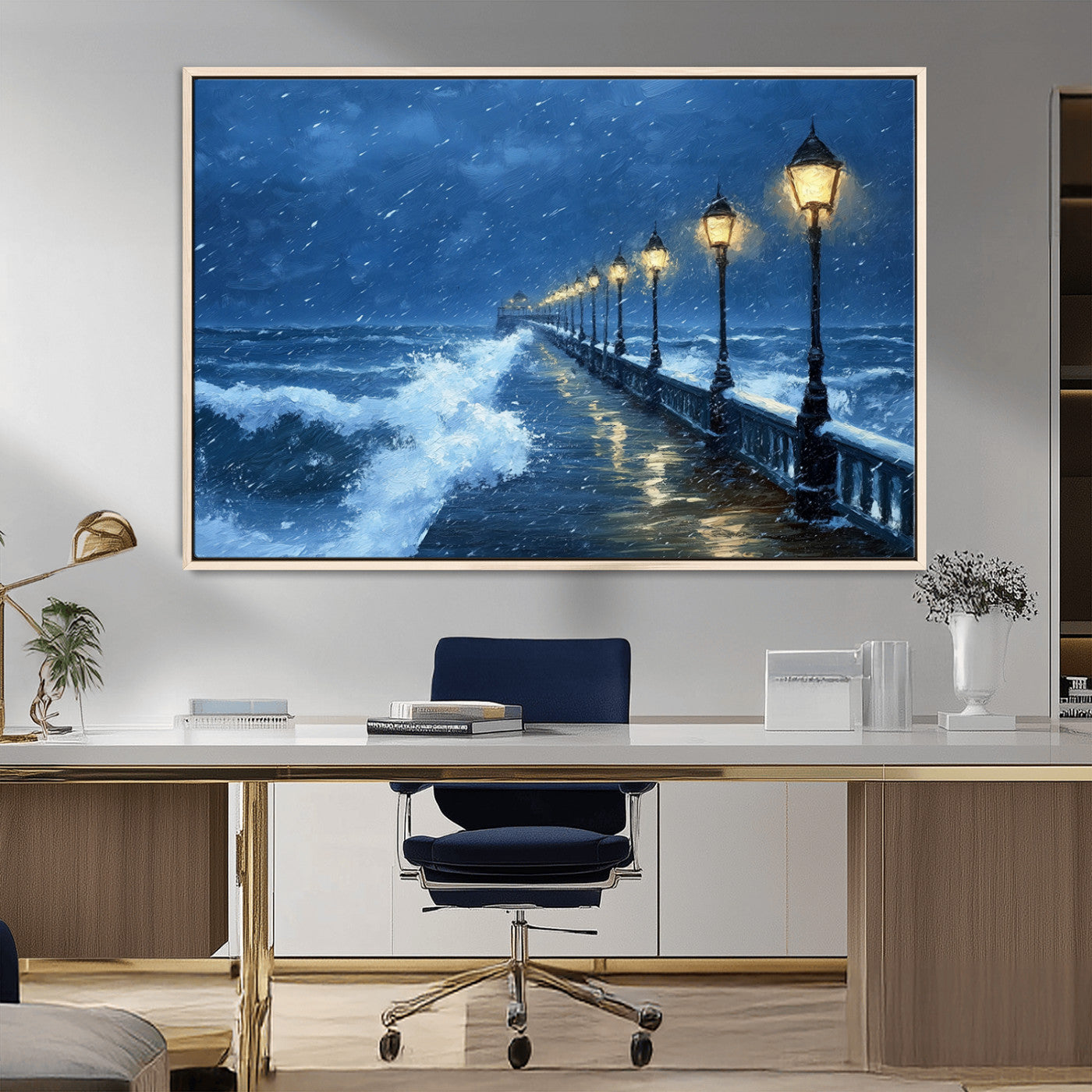 32668-MGV-FC-36X24_Natural-Stormy Pier Wall Art – Ocean Waves and Street Lamps Canvas Print, Rainy Night Seascape Oil Painting Poster for Living Room,