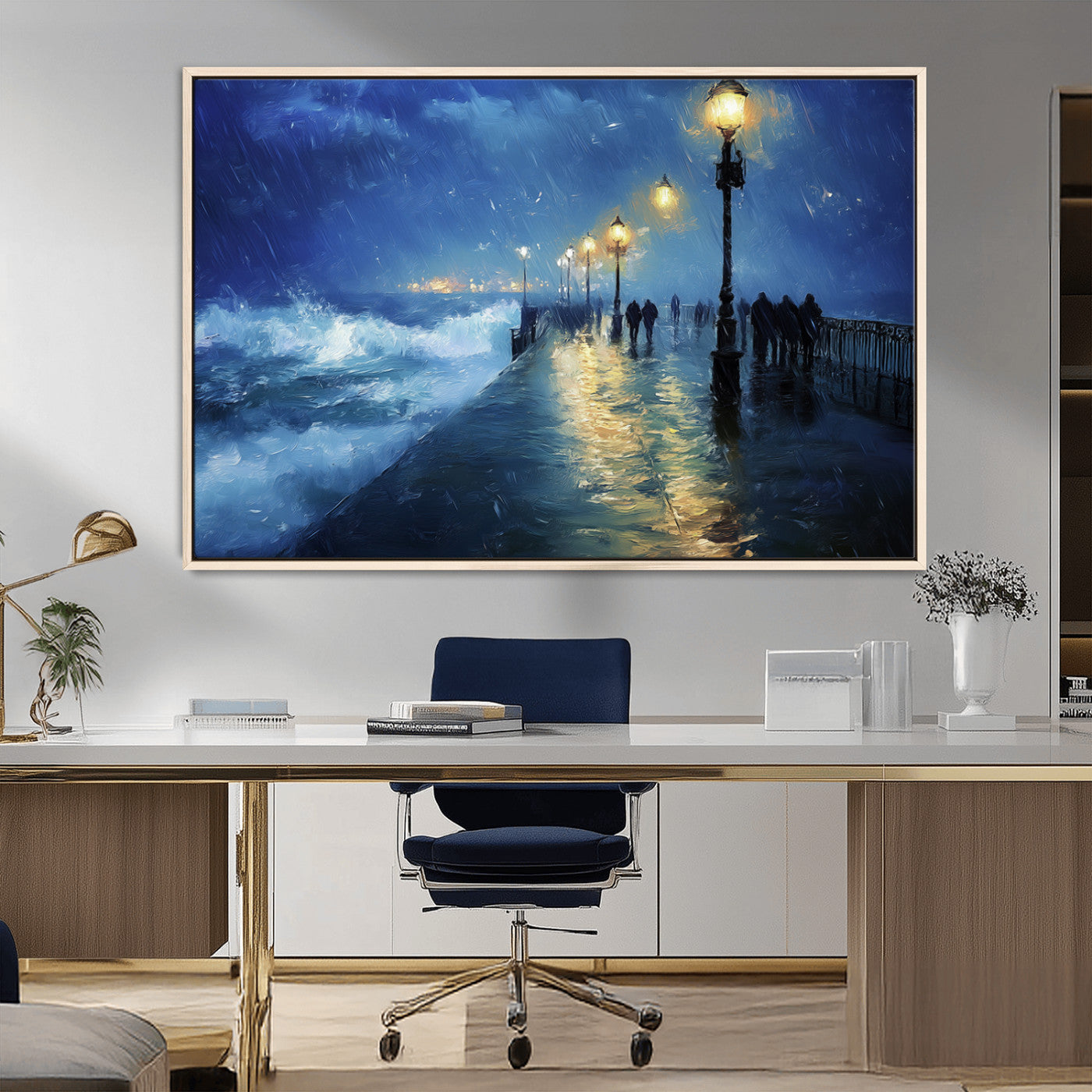 76572-MGV-FC-36X24_Natural-Stormy Night Pier Wall Art – Ocean Waves and Street Lamps Canvas Print, Rainy Seascape Oil Painting Poster for Living Room,