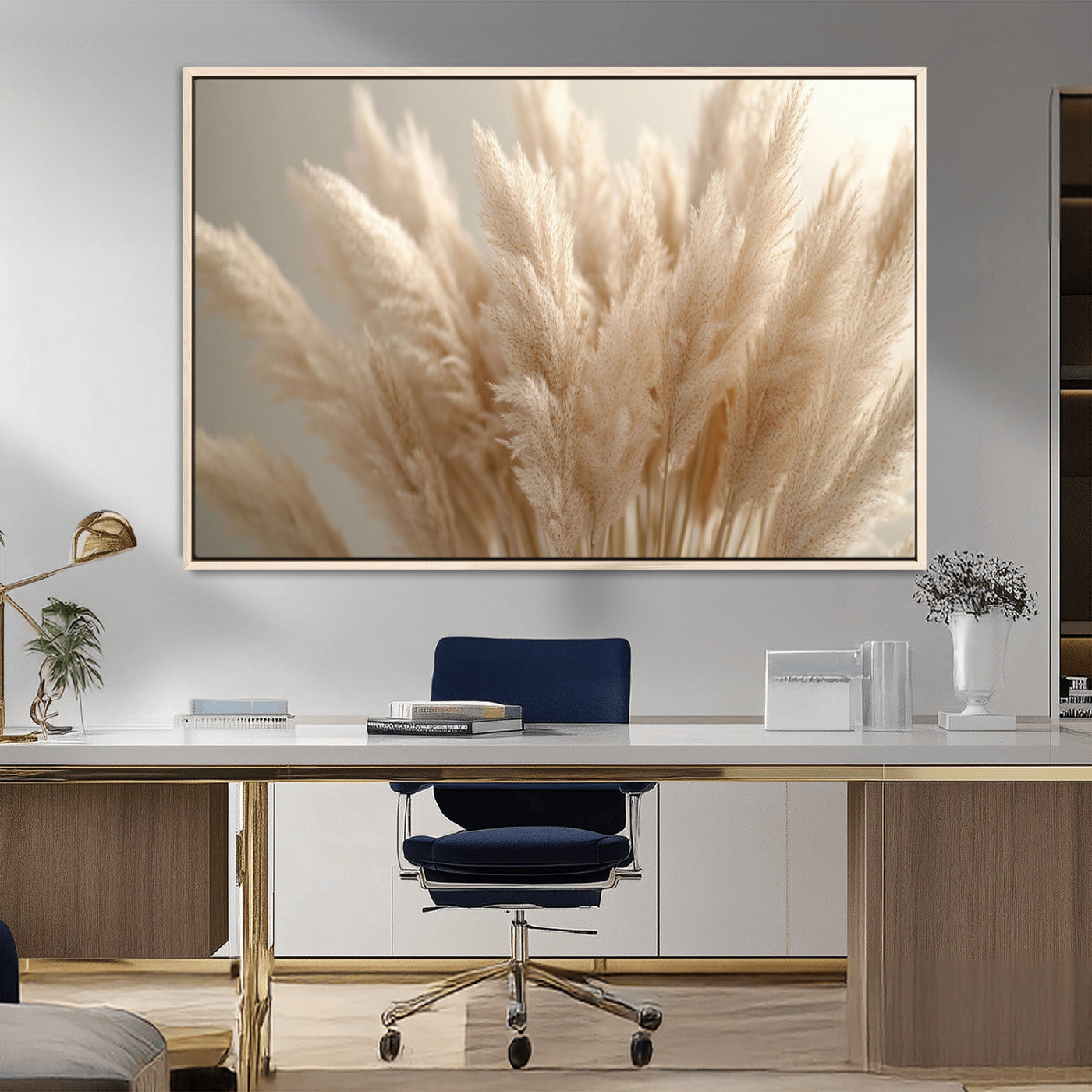 50300-MGV-CV-36X24-Pampas Grass Wall Art Canvas Print, Framed Minimalist Pampas Grass Art Picture Print, Beige Pampas Grass Perfect Minimalist Boho